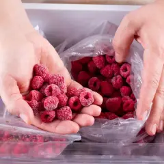 Dłonie trzymające garść mrożonych malin nad woreczkiem z malinami.