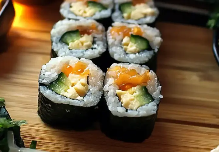 Rolki sushi z łososiem, ogórkiem i jajkiem na desce drewnianej.