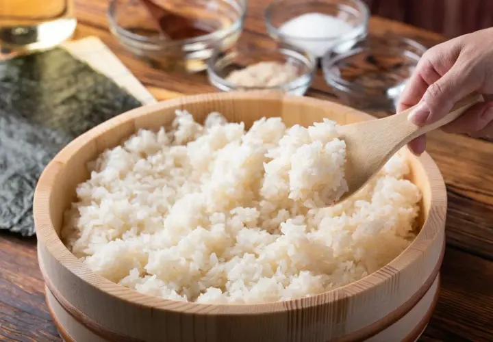 Drewniana miska z ryżem do sushi, nabierana drewnianą łyżką. W tle składniki.