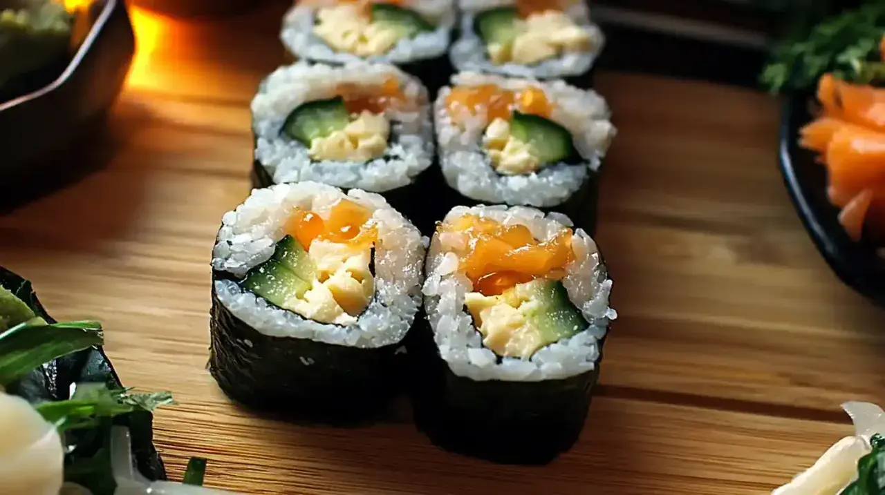 Rolki sushi z łososiem, ogórkiem i jajkiem na desce drewnianej.